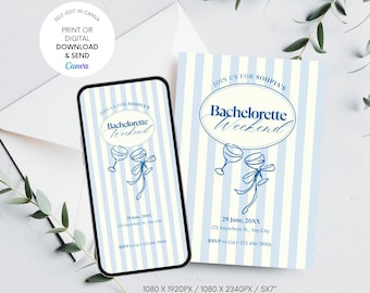 Blue Bachelorette Party Invitation & Itinerary Template (Digital Download, Editable in Canva)