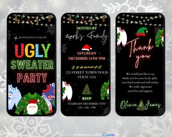 May include: Three phone screen mockups with a black background and white Christmas lights. The first mockup says "Please join us for an Ugly Sweater Party". The second mockup says "Hosted by Mark's Family, Saturday December 24th 7PM, 123 Street Town Your State 1234, RSVP to Risa by December 10th, 123-456-789". The third mockup says "Thank you, We would just like to say thank you for your lovely gifts, your kind words and well wishes. We really appreciate your love and support. Olivia & James".