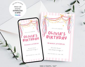 Pink Stripe Birthday Invitation Template, Colorful Carnival Ribbon Girls Birthday Invite, Printable&Mobile Evite, Editable Canva