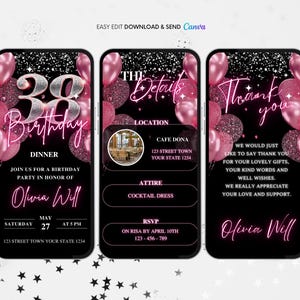 Pink Balloons 38th Birthday Animated Invitation, Editable Balloons Digital Video Invite, Dinner Party Evite