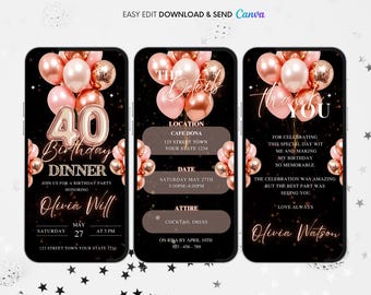 Rose Gold 40th Birthday Dinner Party Video Invitation (Digital)