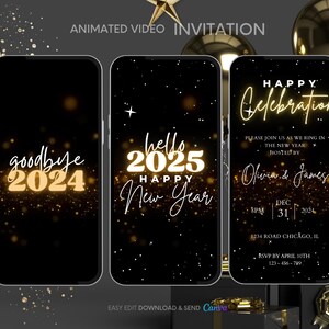 Invitation à la fête du Nouvel An Carte numérique de bonne année avec animation vidéo Ecard Bonne année - Nouvel an 2025, modèle modifiable