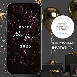 Cartões digitais de feliz ano novo 2025 com animação, vídeo E-card feliz ano novo fogos de artifício 2025