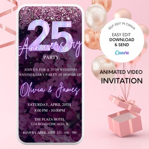 Invitación para el 25.° aniversario, invitación floral para el aniversario de bodas, video digital para el aniversario de bodas, invitación para el aniversario, plantilla editable