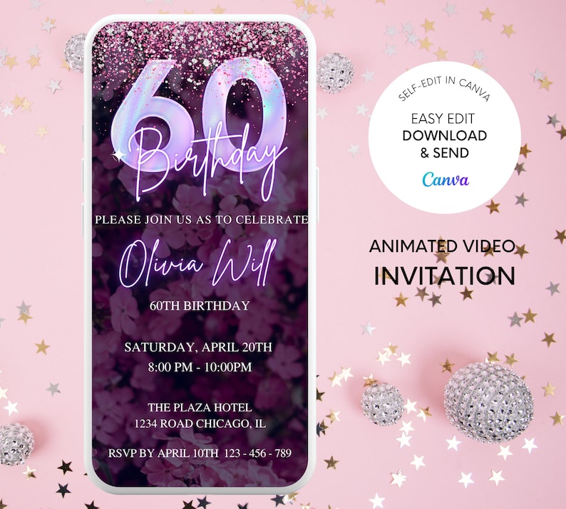 60th Birthday Invitation, Birthday Custom Invitation Template, 60th
