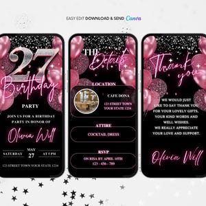 27th Birthday Invitation, Pink 27th Birthday Party Animated Invitation, Editable Balloons Digital Video Invite, Dinner Party Evite