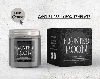 Gothic Halloween candle box label, packaging for soy wax candle full editable in CANVA, box and label template