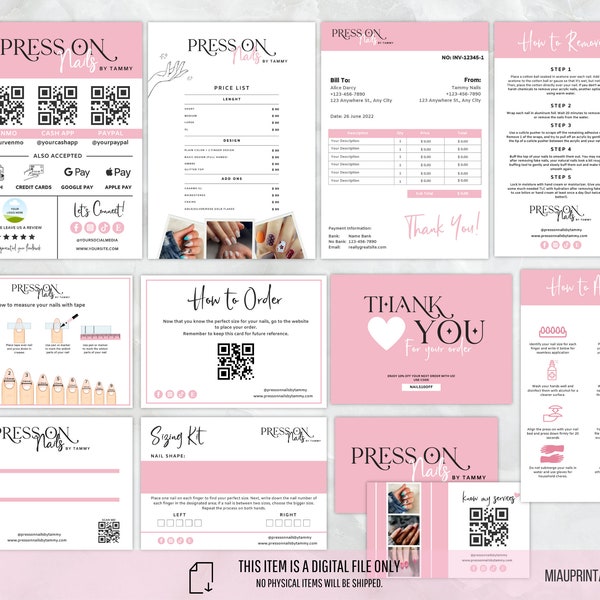 Press on nails business kit template, press on care, scan to pay, invoice, nail sizing guide, fake nails business