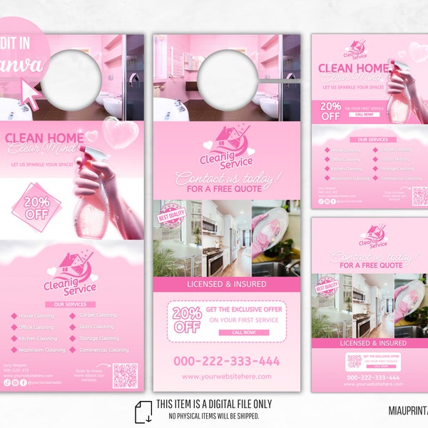 Pink Cleaning Service Door hanger Flyer, A4 Flyer Kit-Cleaning Business marketing,advertising