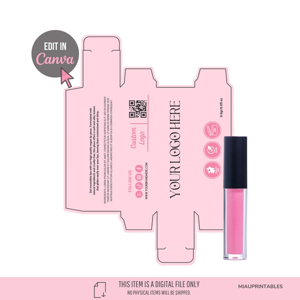 Lip Gloss, balm,lipstick box for  0.2 fl oz tube create your own lip gloss packaging. CANVA template