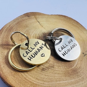 Personalised hand stamped call my humans small brass dog ID tag, brass dog tag, unique dog tag, dog tag, no name dog tag, cute dog tag