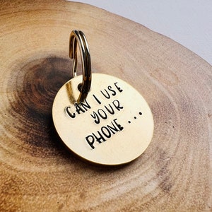 Personalised hand stamped can i use your phone small brass dog ID tag, brass dog tag, unique dog tag, dog tag, no name dog tag, cute dog tag
