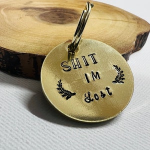 Personalised hand stamped brass dog ID tag, unique dog tag, brass dog tag, gift for dog owner, rude dog tag, no name dog tag, dog tag