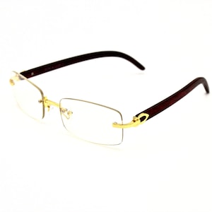 Vintage Wood Gold Frameless Rectangular Buffs Retro Hiphop Designer Clear Lens Glasses
