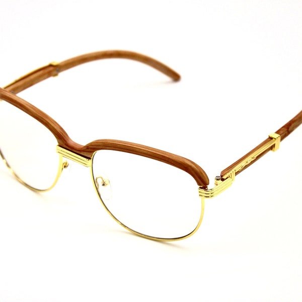 Retro Clear Lens Wooden Round Gold Frame Luxury Vintage Hiphop Glasses