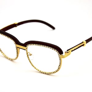 Retro Iced Out Diamond Frame Clear Lens Wooden Round Gold Frame Luxury Vintage Hiphop Glasses