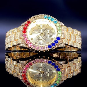 18k goud/wit goud heren regenboog CZ diamanten bezel Iced-Out hiphop luxe horloge