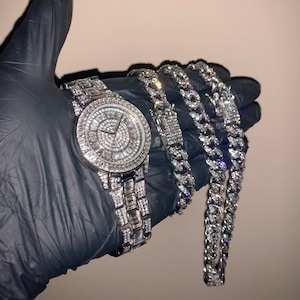 Ensemble de 3 pièces en or 18 carats/or blanc Baguette Diamond Collection Hiphop Iced Watch/Bracelet/Chaîne cubaine