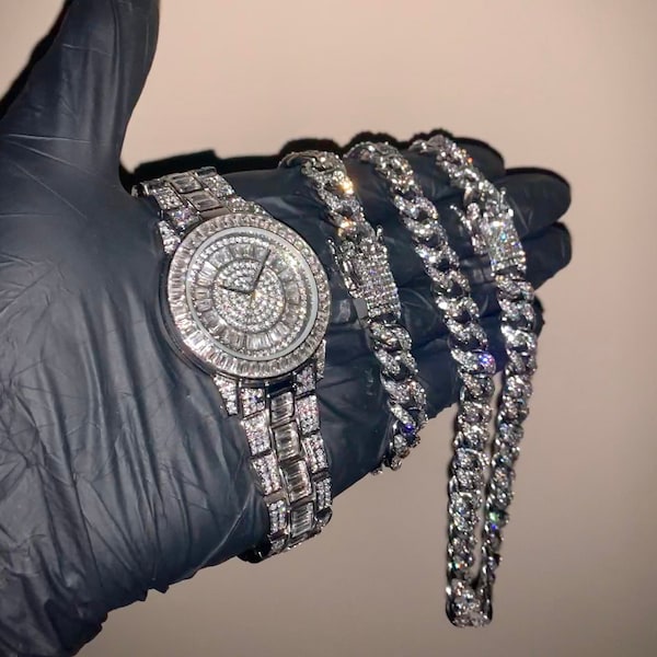 18k goud/wit goud Baguette Diamond Collection Hiphop Iced horloge/armband/Cubaanse ketting 3-delige set