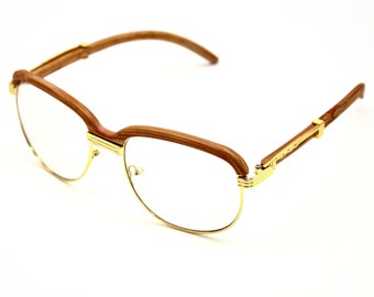 Retro Clear Lens Wooden Round Gold Frame Luxury Vintage Hiphop Glasses