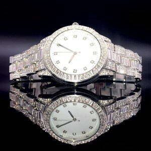 18k Gold/White Gold Mens Baguette Diamond Bezel Marble Iced-Out Hiphop Luxury Watch