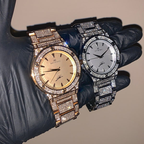 Heren 18K goud/witgoud volledig ICED-OUT ronde wijzerplaat luxe custom horloge