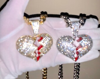 14k Gold/white Gold BIG Broken Heart CZ 
