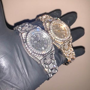 Reloj de lujo personalizado para hombre en oro blanco/oro de 18 quilates con diamantes de circonita cúbica y baguette ICED-OUT