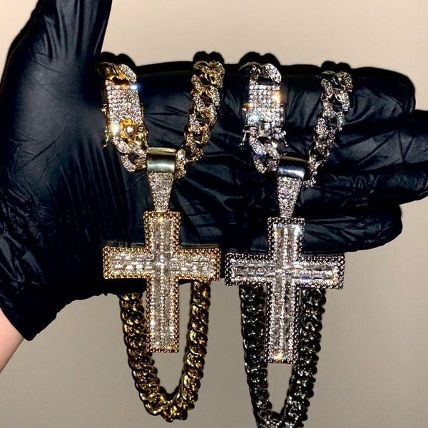14k Gold/White Gold CZ Baguette Diamond Cross Hiphop Iced Pendant/Chain