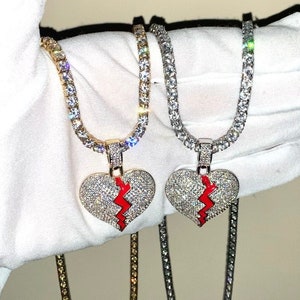 14k Gold/White Gold CZ Diamond Broken Heart Hiphop Pendant Necklace