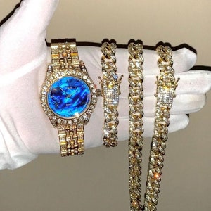18k Gold/White Gold Marble Roman Numeral Hiphop Iced Watch/Bracelet/Cuban Chain 3pc Set
