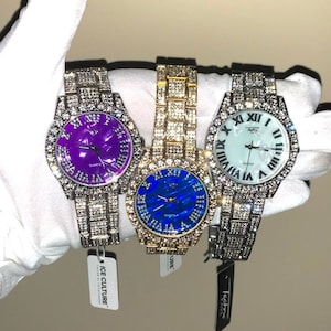 18k Gold/White Gold Multi-color Marble CZ Diamond Luxury Iced Out Watch