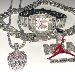 18k Gold/White Gold Luxury Hiphop CZ Diamond Iced-Out Watch, Chain, Pendant Set