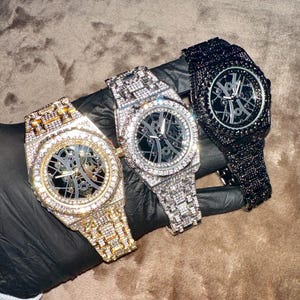 Men's Gold/White Gold 43mm Skeleton Dial Iced Out Luxury Watch