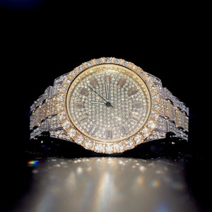 Men's 18k Gold/White Gold CZ Diamond Baguette Luxury Hiphop Iced out Watch