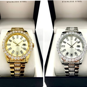 Gold/Silver Clear Baguette Stone Dial Stainless Steel CZ Diamond Presidential Luxury Designer Hiphop Iced-Out Date Watch