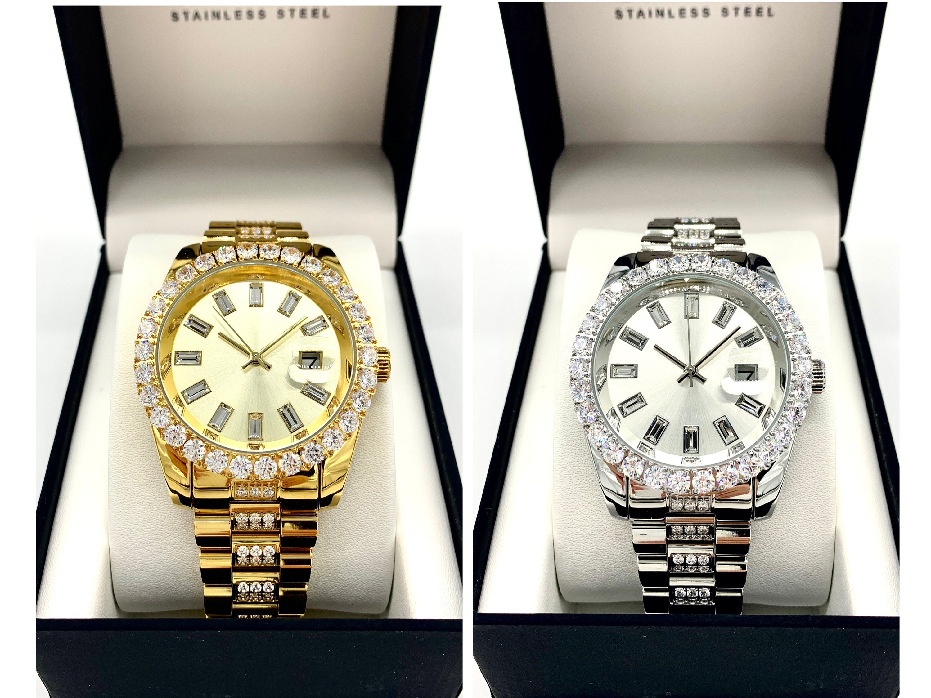Gold/silver Clear Baguette Stone Dial Stainless Steel CZ