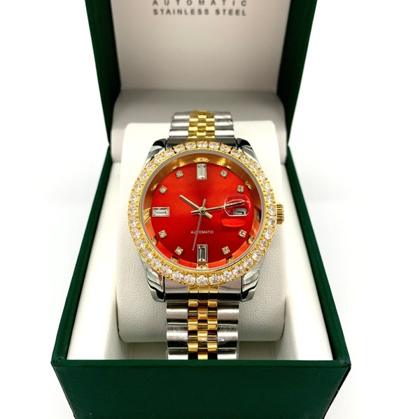 Gold Two tone Red Dial Stainless Steel CZ Diamond Presidential