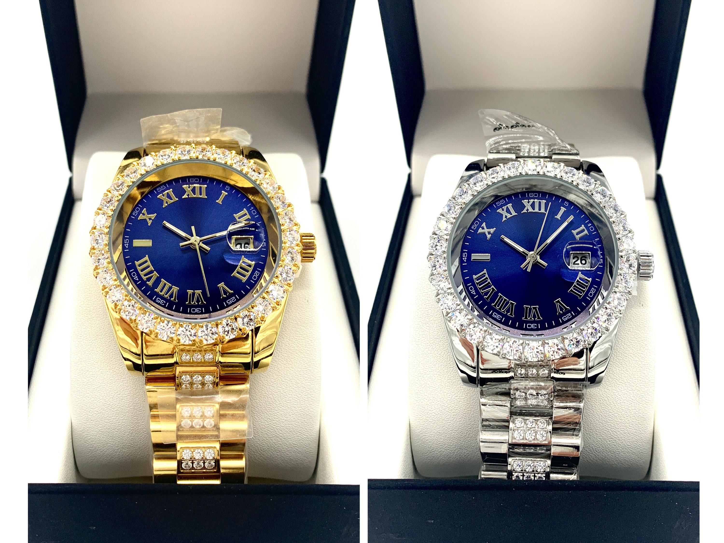 Gold/silver Roman Numeral Blue Dial Stainless Steel CZ Gold/silver Roman Numeral Blue Dial Stainless Steel CZ