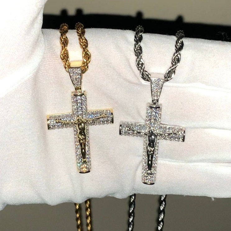 COLLANA A CATENA Con Croce Nera Uomo Donna Ciondolo Crocifisso Di - Foto 8