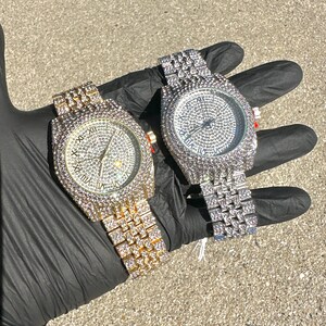 Montre de luxe pour hommes en or 18 carats/or blanc, glacé, chiffre romain et bande présidentielle hip hop