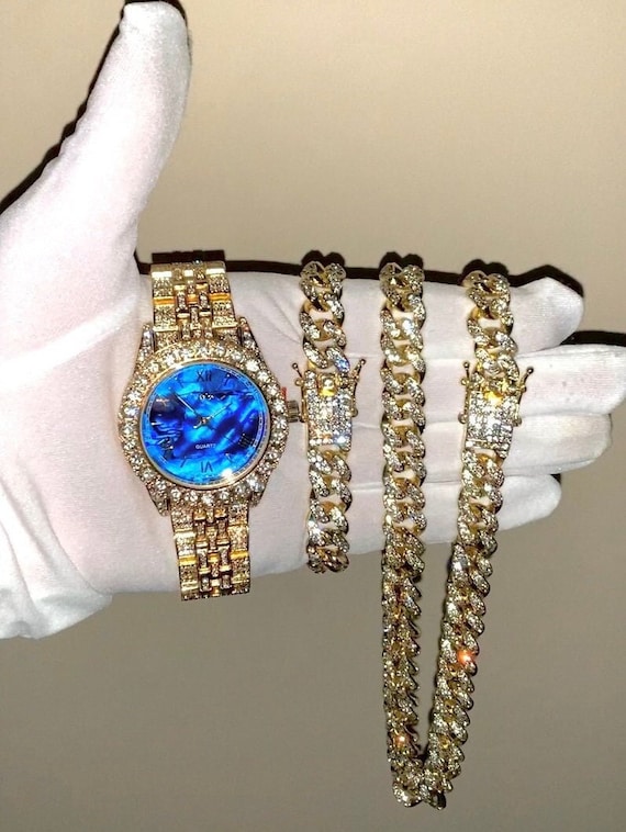 18k Gold white Gold Marble Roman Numeral Hiphop Iced Watch bracelet cuban Chain 3pc Set Etsy