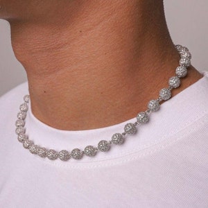 14k Gold/White Gold Diamond Iced-Out Ball Rope Chain Necklace