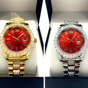 Gold/Silver Roman Numeral Red Dial Stainless Steel CZ Diamond Presidential Luxury Designer Hiphop Iced-Out Date Watch