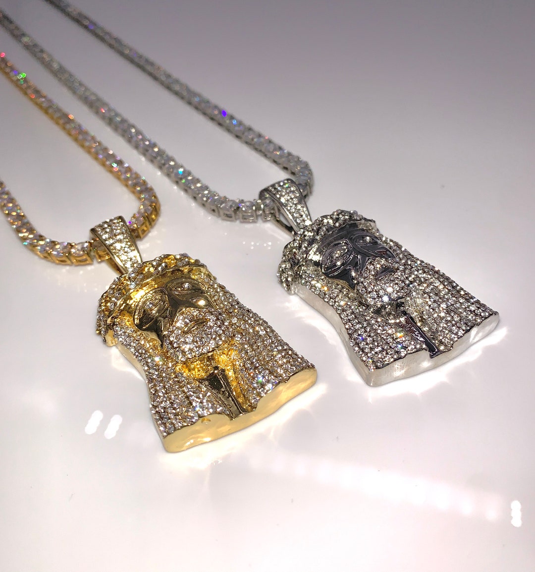 14k Gold/White Gold CZ Diamond Jesus Face Iced Out Pendant/Chain