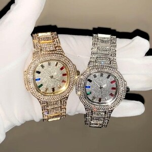 Orologio da uomo in oro 18 carati / oro bianco arcobaleno quadrato hip-hop iced