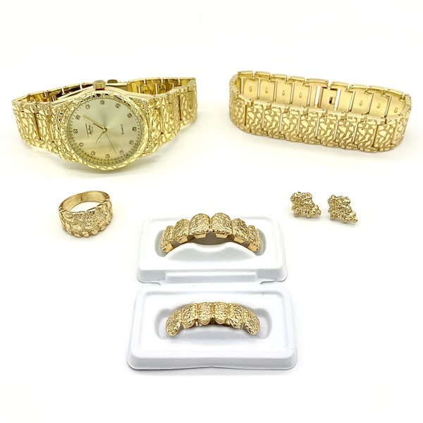 14k Gold Nugget Watch, Bracelet, Ring, Earring, Grillz 5pc Set