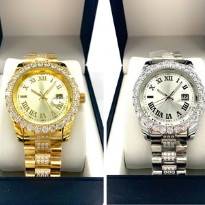 Gold/Silver Roman Numeral Dial Stainless Steel CZ Diamond Presidential Luxury Designer Hiphop Iced-Out Date Watch