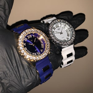 Montre solitaire de luxe en or blanc 18 carats et diamants CZ en silicone romain ICED OUT