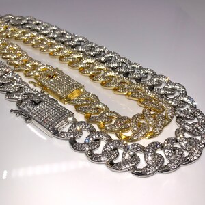 18k Gold/White Gold CZ Diamond Fully Iced-Out Cuban Chain with Clasp